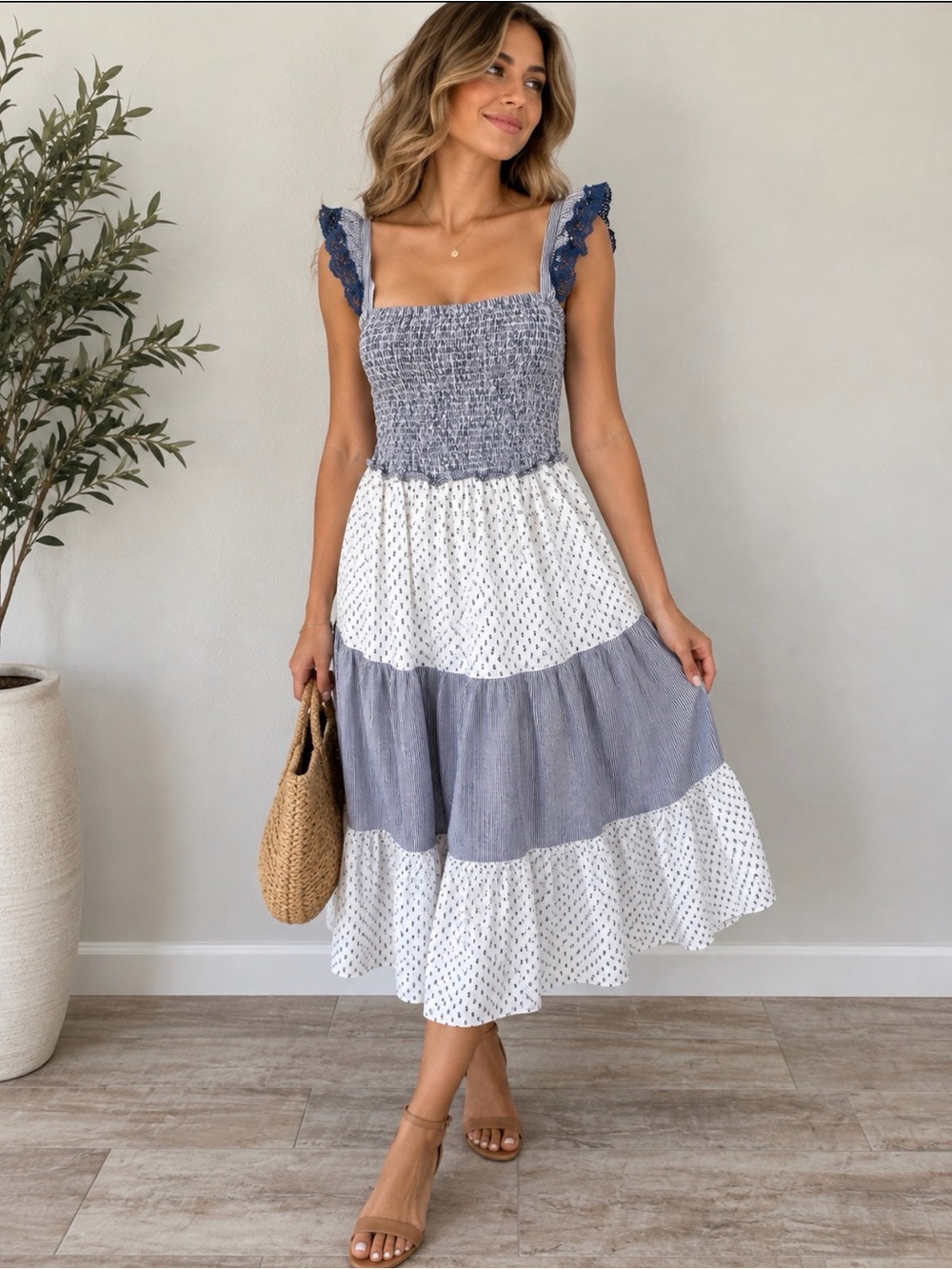 J. Crew Blue and White Smocked Tiered Midi Dress